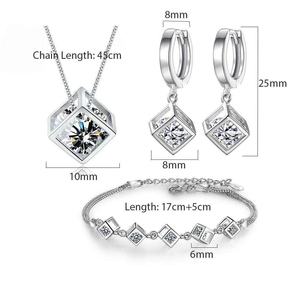 Nouveaux bijoux de luxe estampillés couleur argent Zircon élégant collier, boucles d'oreilles et bracelet en forme de cube carré pour femmes
