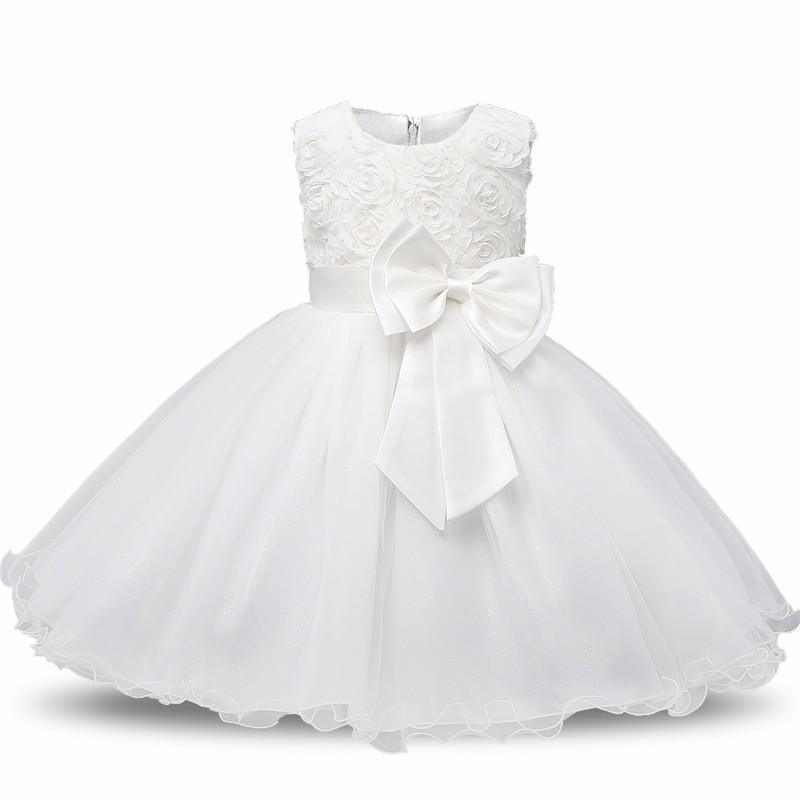 Robe de luxe faite à la main, nouvelle, élégante, blanche, pour le premier anniversaire de fille, tenue de fête, avec fleurs roses en 3D, pour tout-petite, avec grand nœud