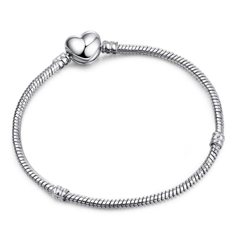 Bracelet fin chaîne serpent couleur argent, de luxe, moderne et de haute qualité, authentique, compatible avec les charms européens pour femmes, avec cœur et étoile