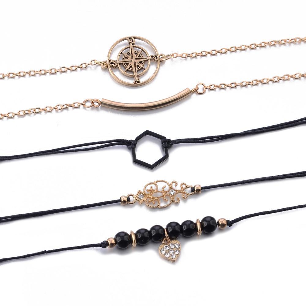 Bracelets de chaîne de perles noires bohèmes pour femmes, ensemble de bracelets de luxe en forme de cœur et de boussole de couleur or, cadeaux de bijoux à la mode