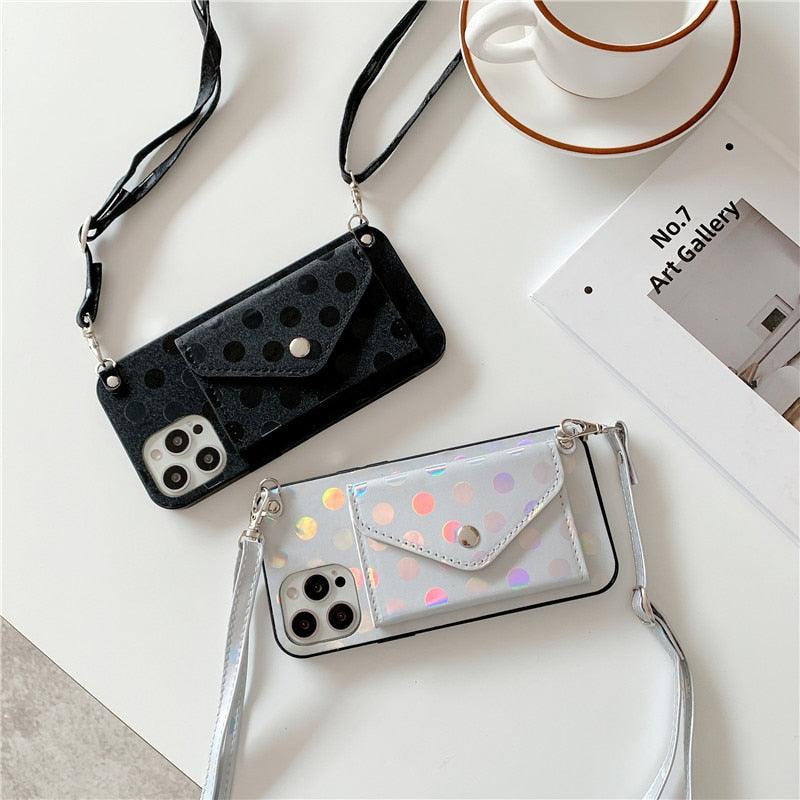 Étui de téléphone de luxe avec bandoulière et petits pois pour iPhone 14 14Pro Max 13 12 Mini 11 Pro XSXR 7 8 Plus, étui portefeuille en cuir avec porte-cartes, dragonne et pochette.