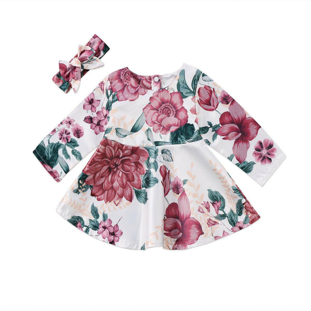 Bébé Fille Nouveau-né Robe Florale Enfants avec Robe Manches Longues + Bandeau Tenues Ensemble Vêtements Robe Moderne pour Filles