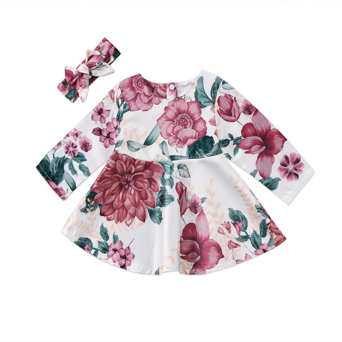 Bébé Fille Nouveau-né Robe Florale Enfants avec Robe Manches Longues + Bandeau Tenues Ensemble Vêtements Robe Moderne pour Filles
