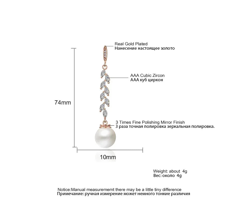 ZAKOL Boucles d'oreilles pendantes rondes imitation perles pour femmes, brillantes, en zircone et cristal, feuilles longues, bijoux de mariée pour mariage