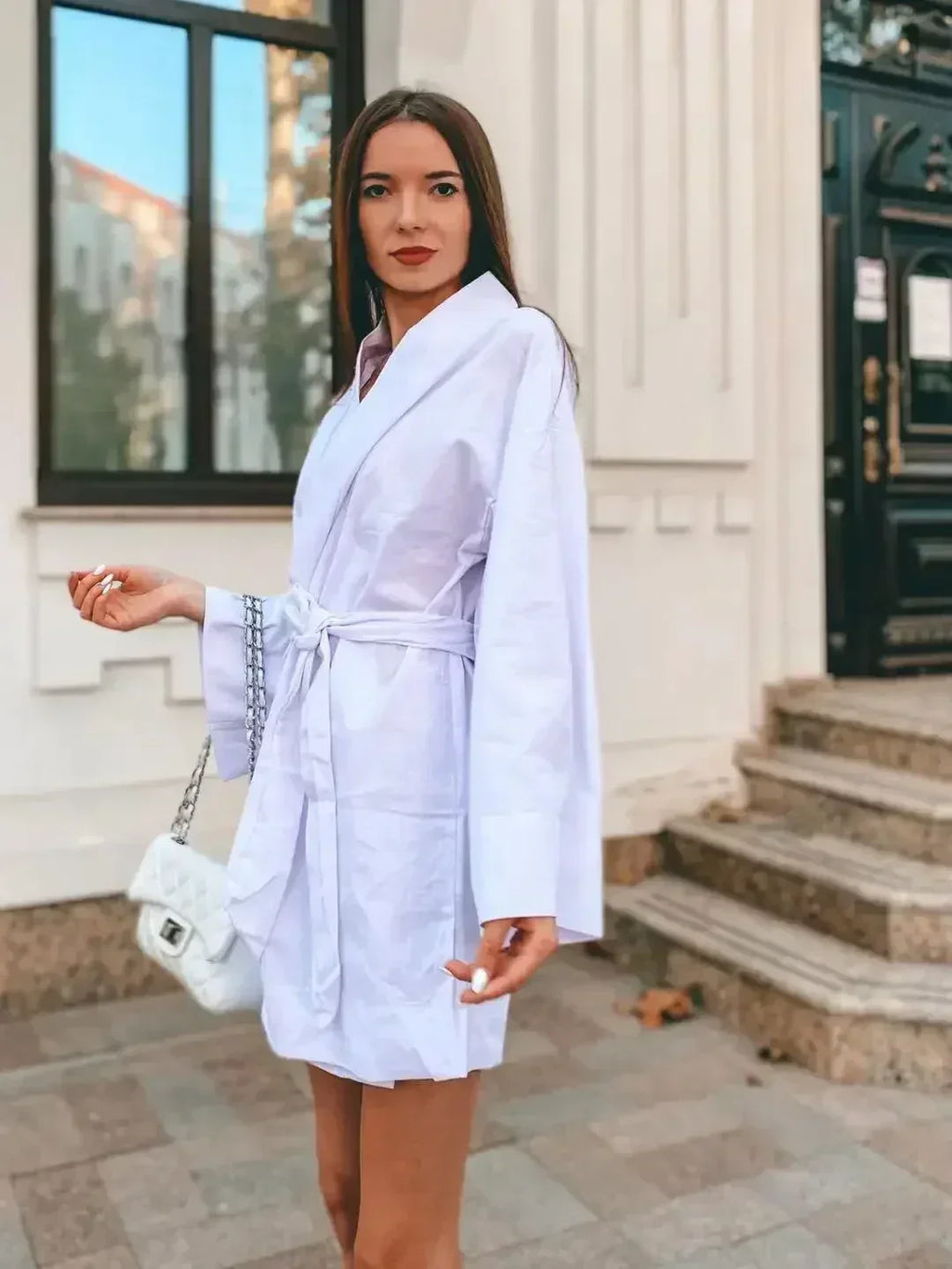 Cardigan Kimono Col V Femme, Robe Courte en Coton et Lin à Manches Longues, avec Ceinture, Style Robe de Chambre, Lacets, Été, Ample, Vestidos