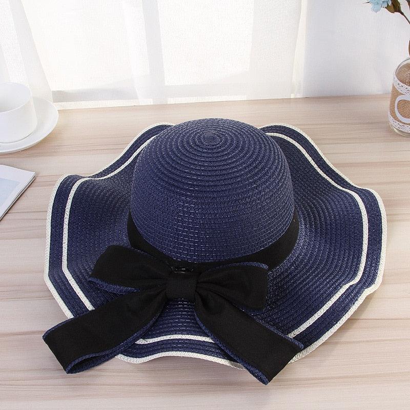 Nouveau chapeau de plage d'été pour femme, large bord, design unique de nœud de luxe, chapeau de soleil décontracté, chapeau plat classique en paille pour femme, chapeau Fedora, cadeau idéal 54-58cm