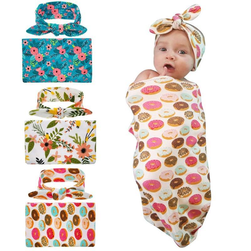Ensemble de Langes Couverture d'Emmaillotage Accessoires de Photographie Nouveau-né Bébé Garçon Fille Robe Cache-couche Imprimé Floral avec Nœud et Bandeau