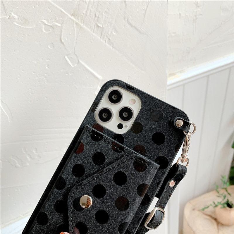 Étui de téléphone de luxe avec bandoulière et petits pois pour iPhone 14 14Pro Max 13 12 Mini 11 Pro XSXR 7 8 Plus, étui portefeuille en cuir avec porte-cartes, dragonne et pochette.