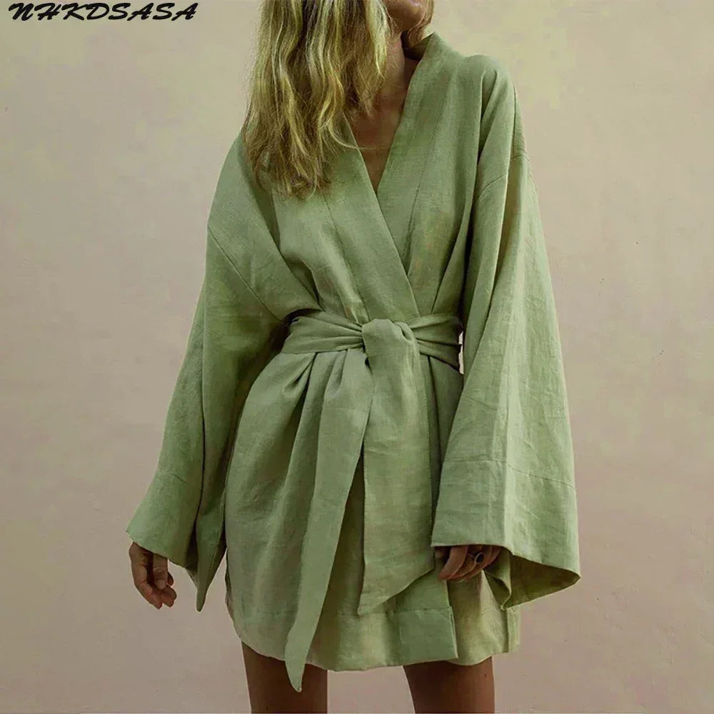 Cardigan Kimono Col V Femme, Robe Courte en Coton et Lin à Manches Longues, avec Ceinture, Style Robe de Chambre, Lacets, Été, Ample, Vestidos