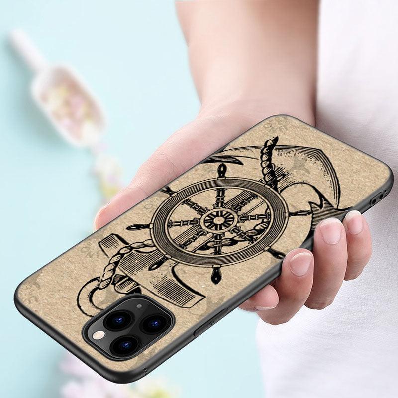 Coque de téléphone à roue de bateau ancre pour iPhone 13 12 Mini 11 Pro XS Max XR X 8 7 6S 6 Plus 5S 5 SE 2020 Housse noire Coque arrière rigide d'ancre personnalisée
