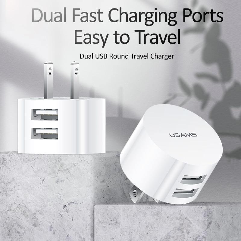 Chargeur mural blanc à charge rapide 2,1 A avec 2 ports et prise UE/RU/US pour téléphones mobiles ronds
