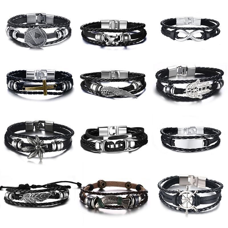 Bracelet en cuir Lucky Vintage pour hommes avec breloque cartes à jouer, tressé multicouche, cadeau pour hommes et femmes