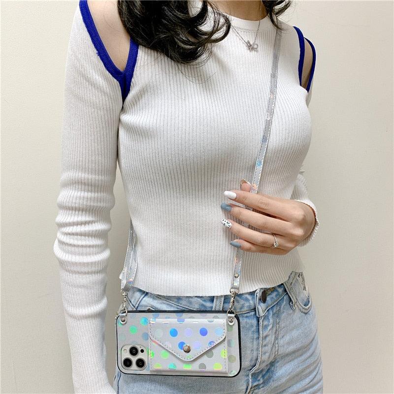 Étui de téléphone de luxe avec bandoulière et petits pois pour iPhone 14 14Pro Max 13 12 Mini 11 Pro XSXR 7 8 Plus, étui portefeuille en cuir avec porte-cartes, dragonne et pochette.