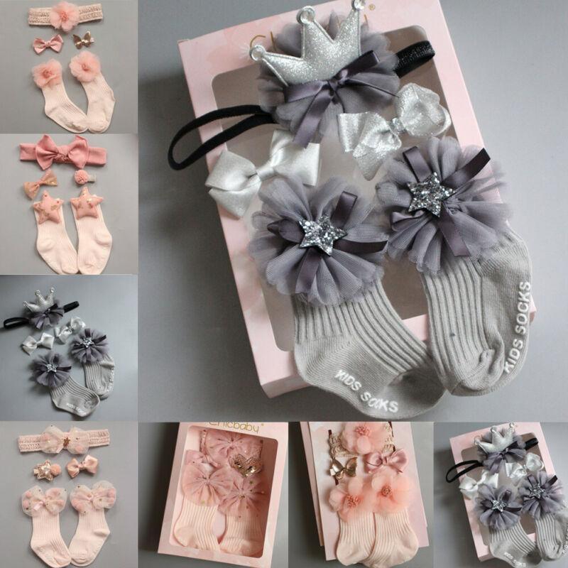 4 paires/lot de chaussettes antidérapantes pour bébé fille + bandeau + épingle à cheveux