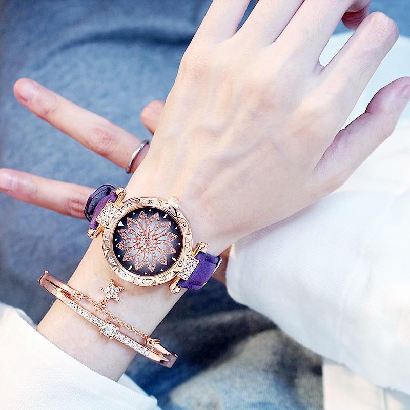 Ensemble de Montre Élégante et Populaire pour Femmes, Montre-Bracelet de Luxe Étoilée avec Bracelet en Cuir Décontracté à Quartz, Idéale pour Femmes et Filles
