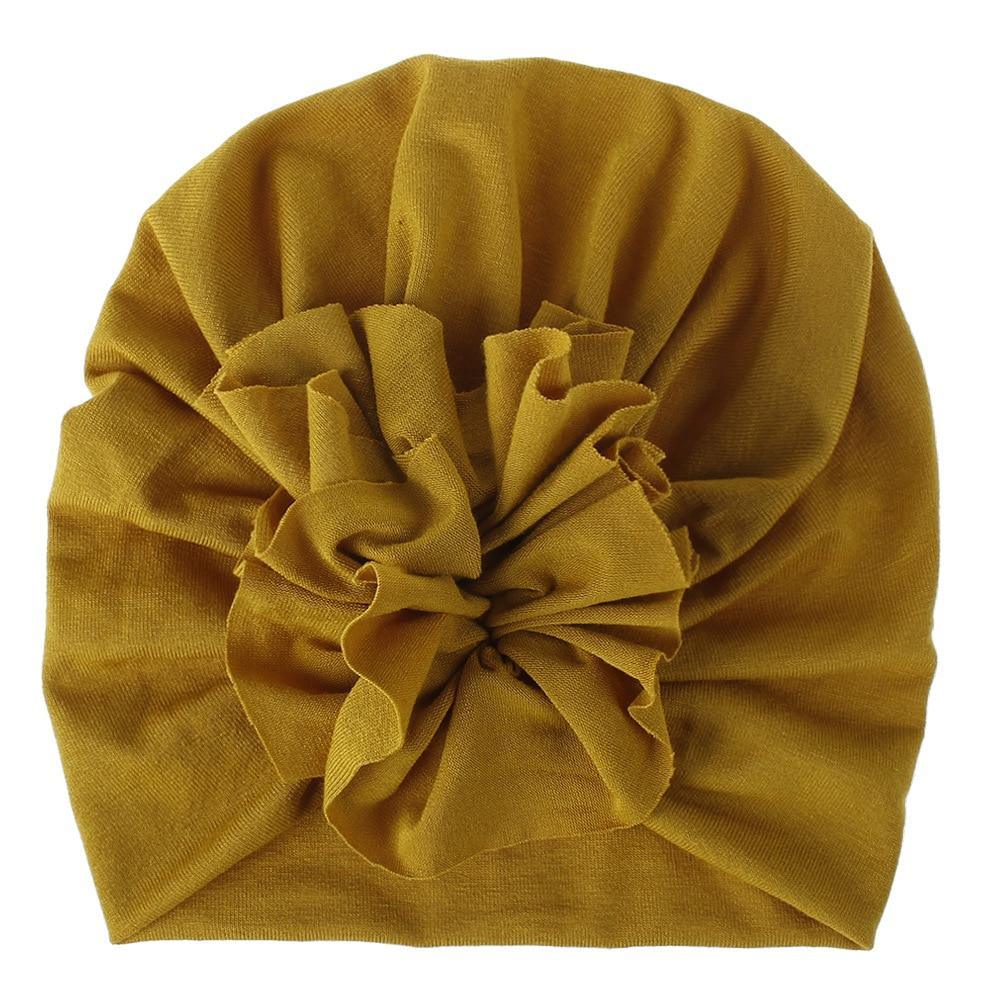 Turban pour bébé fille en coton tricoté, fait main avec fleur plissée, style élégant