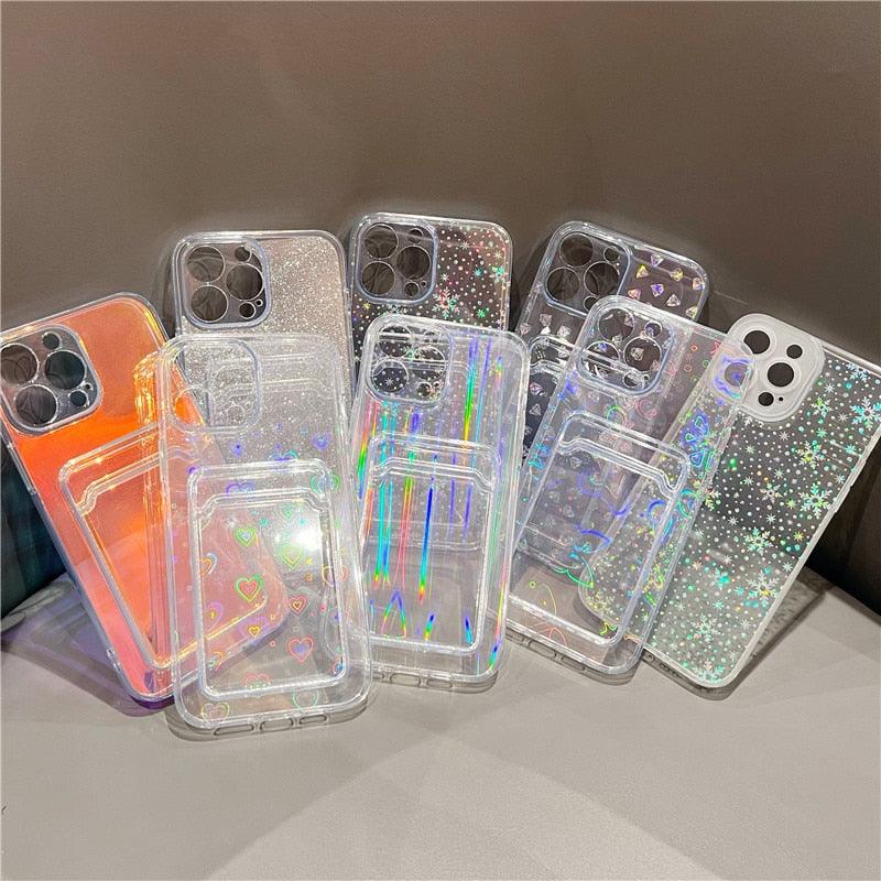 Étui Souple Transparent Unique pour iPhone 13 11 12 Pro Max avec Porte-Cartes et Dégradé, Couleurs Magnifiques, Protection Antichute