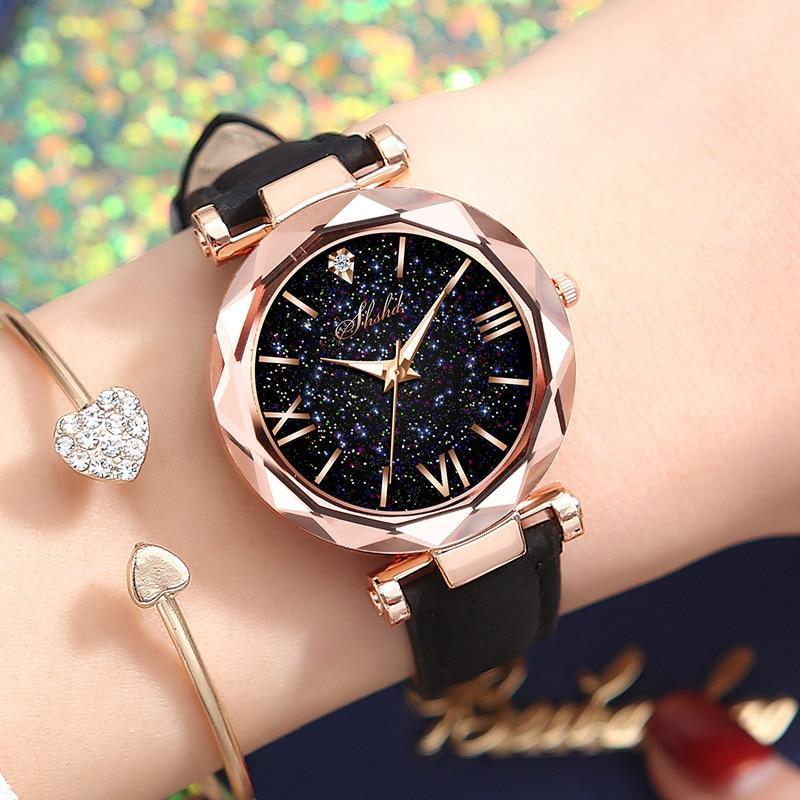 Montre décontractée en cuir pour femme, montre-bracelet à quartz, montre étoilée pour femme et fille