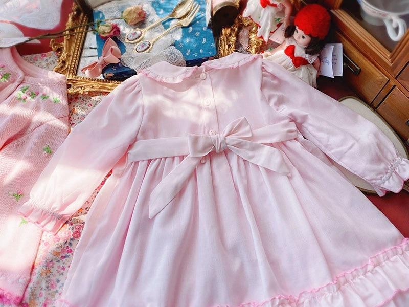 Robe rose à smocks faite main de luxe pour bébé fille, à manches longues, printemps automne