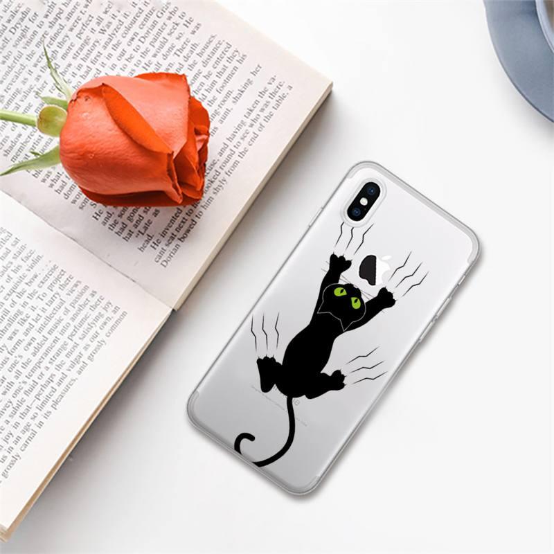Coque de téléphone mignon chat noir pour iPhone 13 11 12 Pro XS MAX 8 7 6 6S Plus X 5S SE 2020 XR – Étui de téléphone antichoc souple, brillant et élégant avec un chat mignon