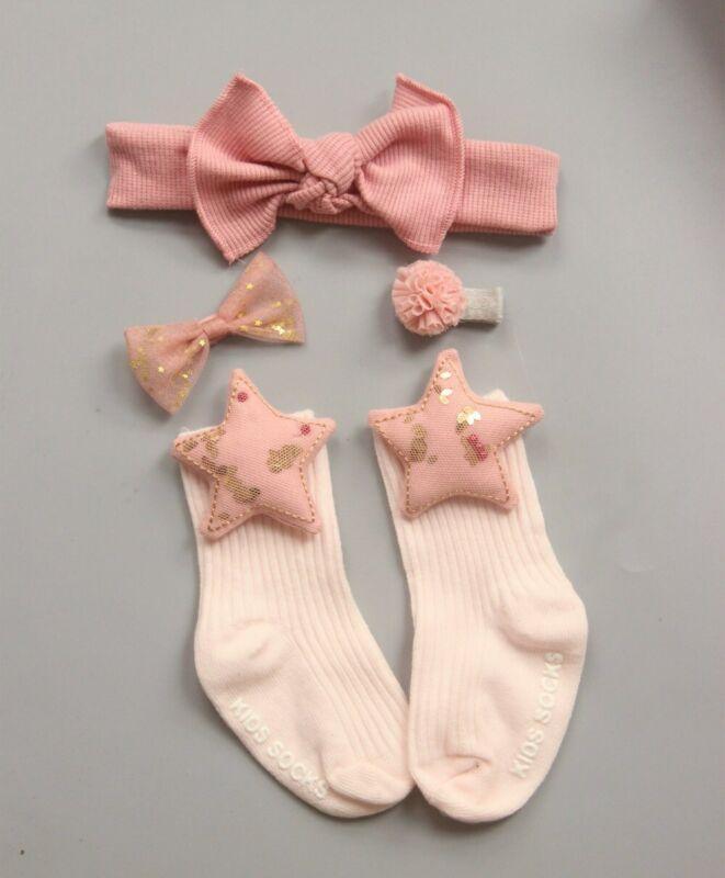 4 paires/lot de chaussettes antidérapantes pour bébé fille + bandeau + épingle à cheveux