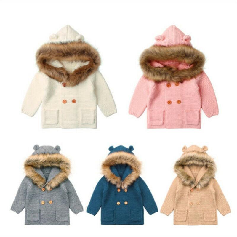 Manteau à capuche en tricot chaud d'hiver de luxe moderne pour nouveau-né garçon ou fille, avec col en fourrure pour garçons et filles