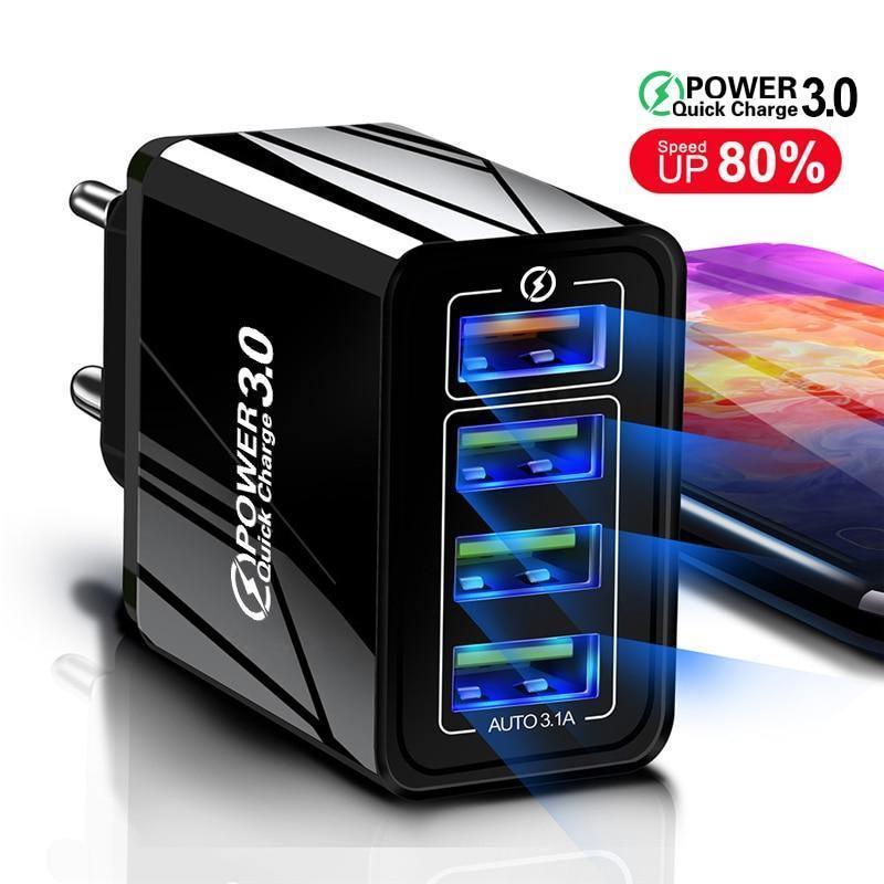 Chargeur Mural USB pour Téléphone Portable à Charge Rapide, Noir Moderne, 48W, Quick Charge 3.0