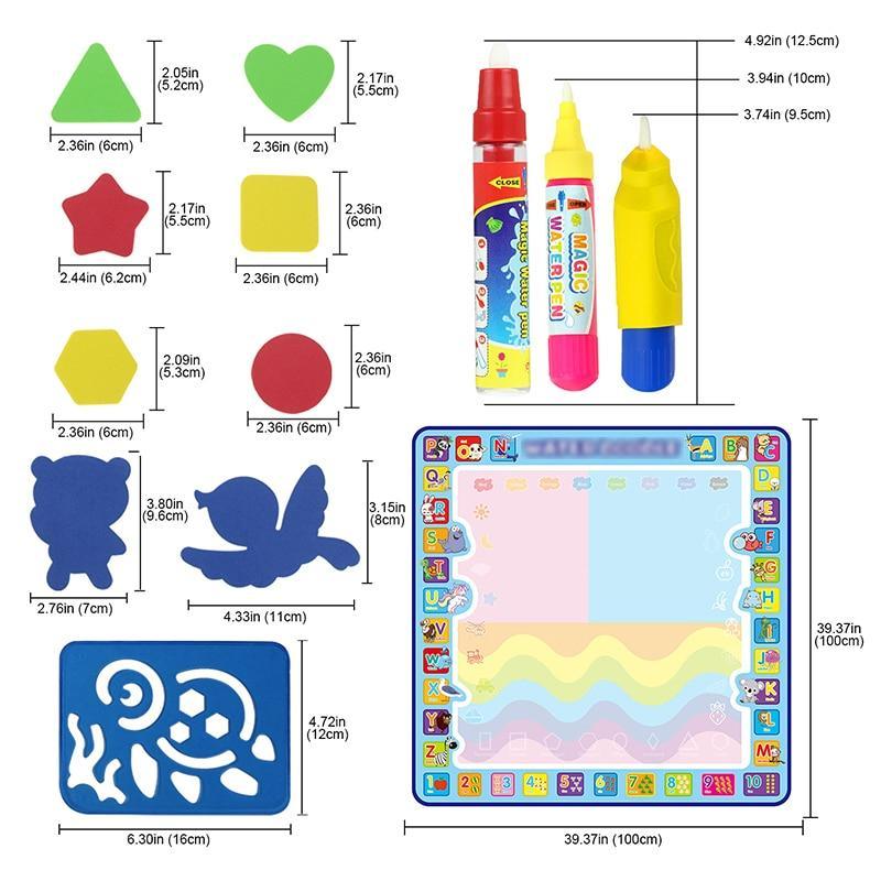 Coolplay Tapis de Dessin à l'Eau Magique 100x100cm Tapis Doodle avec 4 Stylos à Dessin et 1 Set de Tampons Tableau de Peinture Jouets Éducatifs pour Enfants