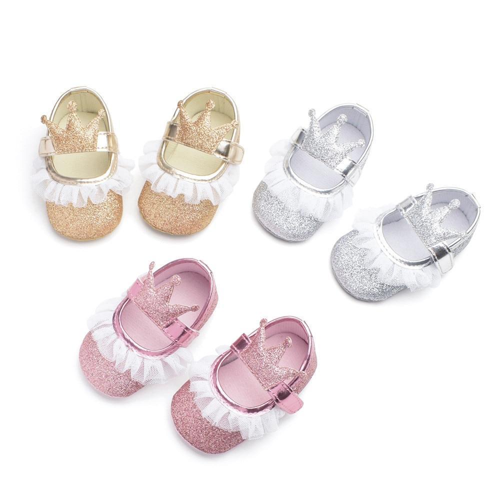 Chaussures de bébé fille nouveau-né, tout-petit, enfants, motif couronne pailletée, semelle souple antidérapante