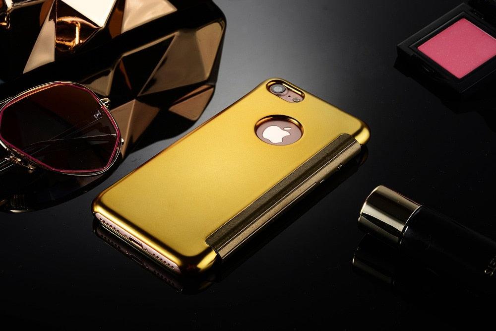 Étui à rabat de luxe pour iPhone, coque pour iPhone 11 12 13 14 avec fenêtres transparentes, miroir, fermeture magnétique simple, étui portefeuille unique et élégant pour iPhone