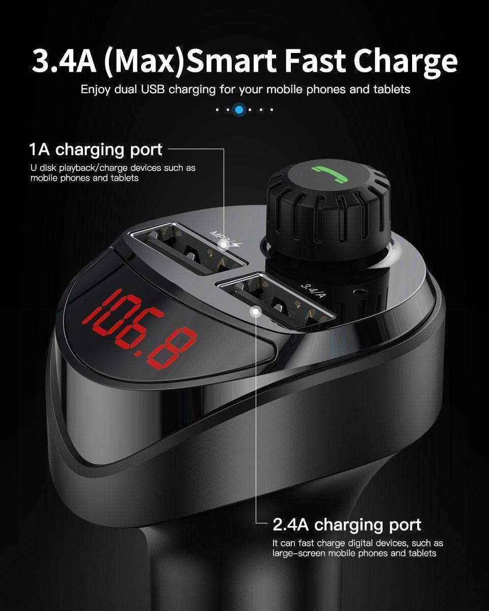 Chargeur de voiture noir Transmetteur FM Bluetooth Lecteur MP3 Audio de voiture Kit voiture carte TF Chargeur de téléphone de voiture double USB 3,4 A