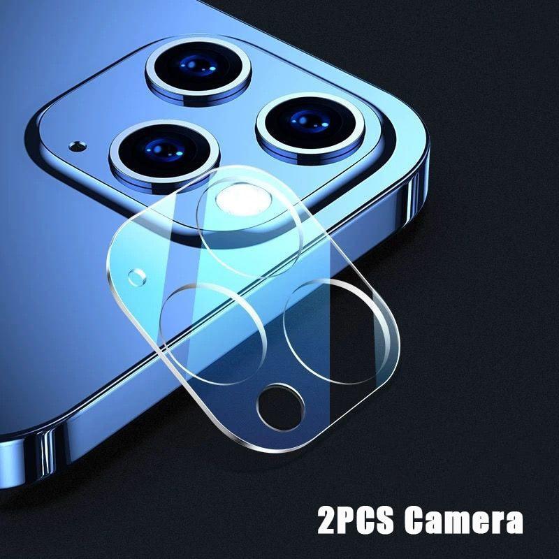 3-en-1 Lot de 2 films de protection d'écran en verre trempé pour iPhone 12 11 Pro Max Mini, Protection Avant + Arrière + Objectif pour iPhone 13 Pro Max - Film en verre trempé de qualité supérieure - Clarté HD - Anti-traces de doigts/rayures pour iPhone