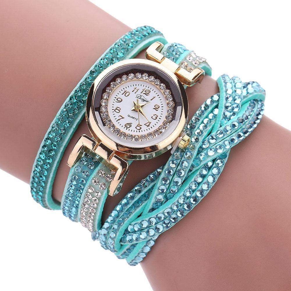 Montre décontractée tendance à quartz doré pour femme avec strass, bracelet en cuir tressé, cadeau, montre-bracelet pour femme