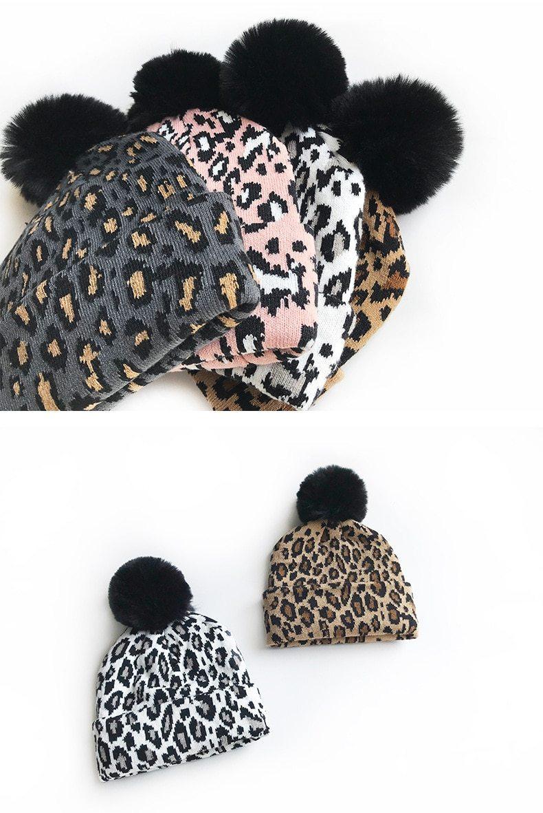 Tenues assorties mère-enfant imprimé léopard Bonnets enfants léopard Chapeaux mère-enfant Hiver Casquettes enfants pour Mère & Fille au Design Léopard Élégant