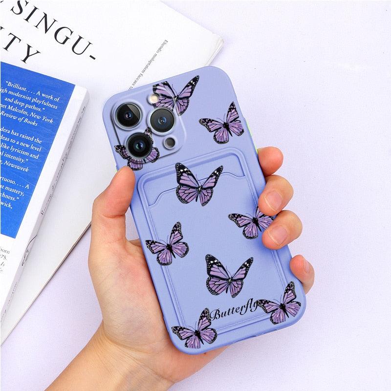 Magnifiques étuis en silicone souple anti-rayures pour iPhone 13 Pro Max. Étui portefeuille en silicone avec porte-cartes pour iPhone 13 Mini, 13ProMax, 13Pro. Étui iPhone avec porte-cartes, motif fleur et papillon.