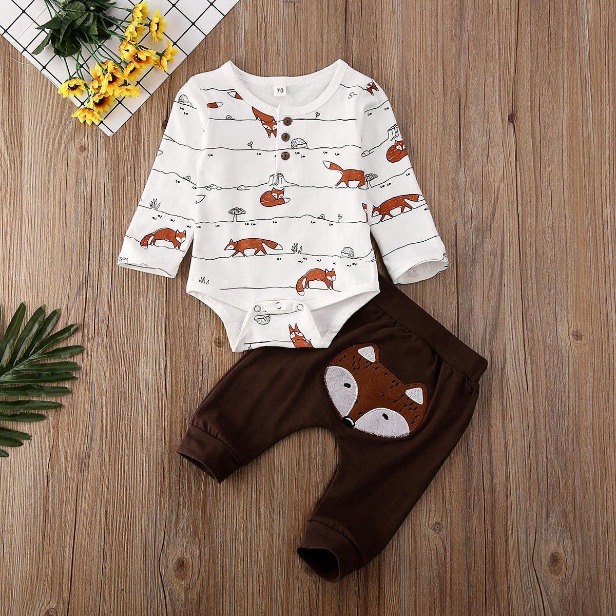 Tenues d'automne de luxe modernes pour bébés garçons et filles - Hauts, barboteuse et pantalon long imprimé renard