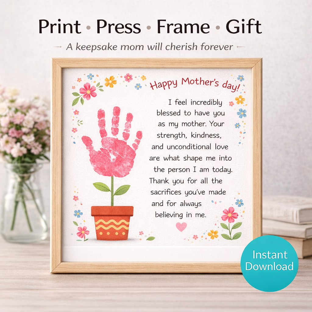 Cadeau imprimable de fleur empreinte de main pour la fête des mères | Bricolage artistique souvenir pour enfants | Cadeau instantané pour maman | Activité préscolaire | Modèle d'empreinte de main