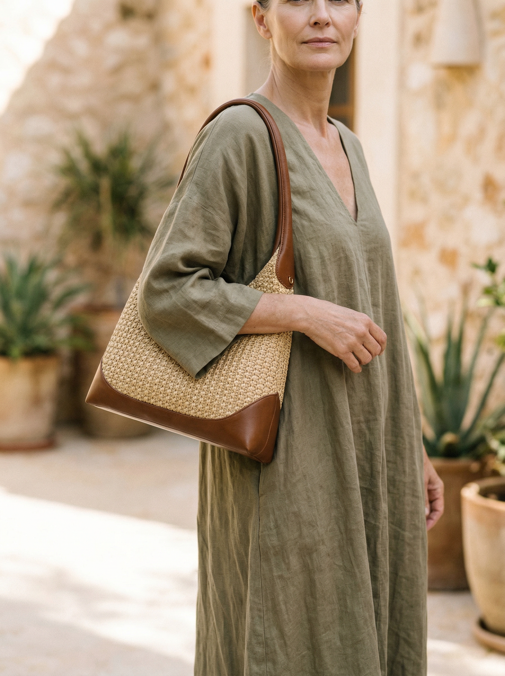 Sac seau artisanal tissé main color block pour un style côtier sans effort