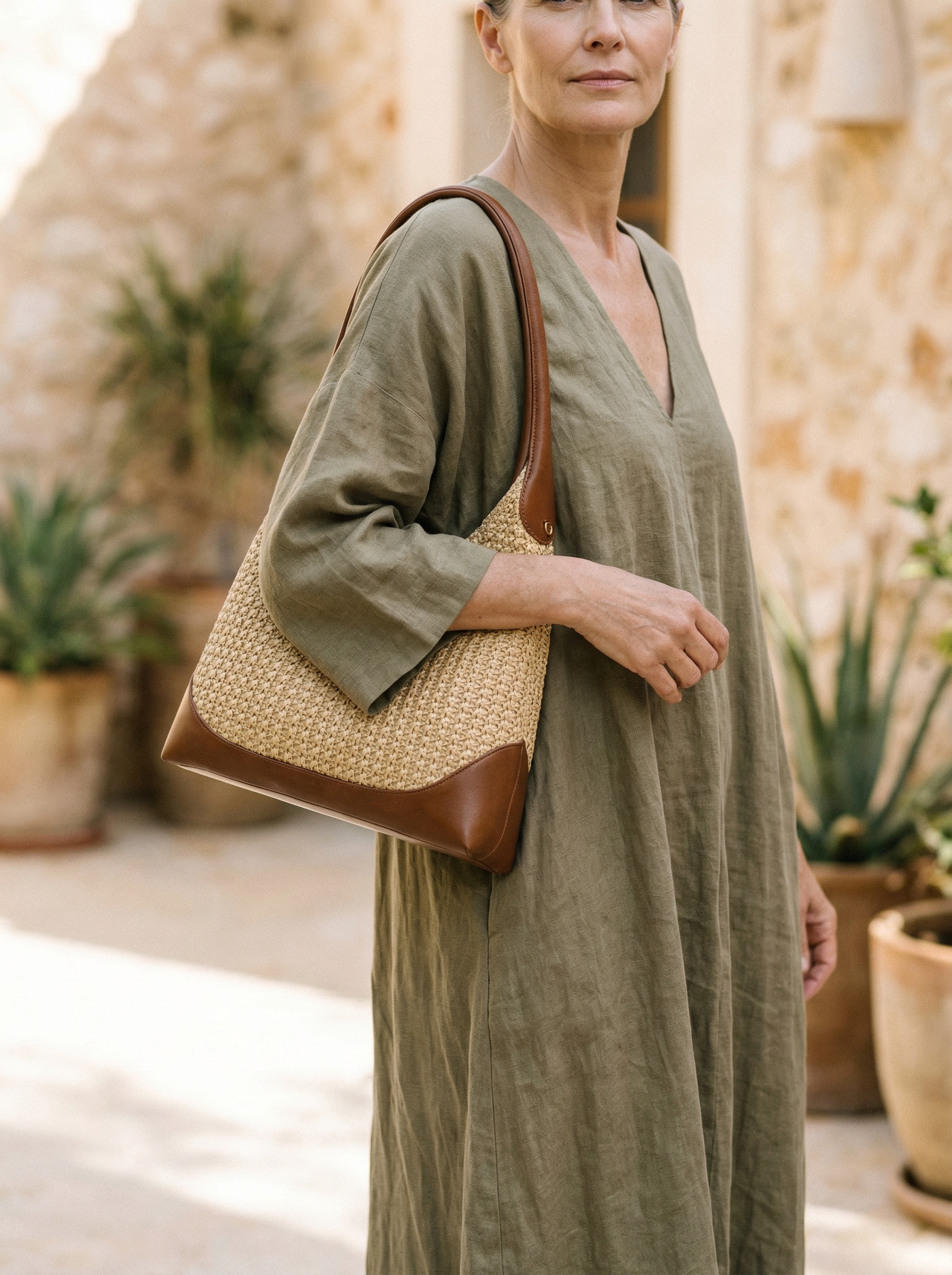 Sac seau artisanal tissé main color block pour un style côtier sans effort