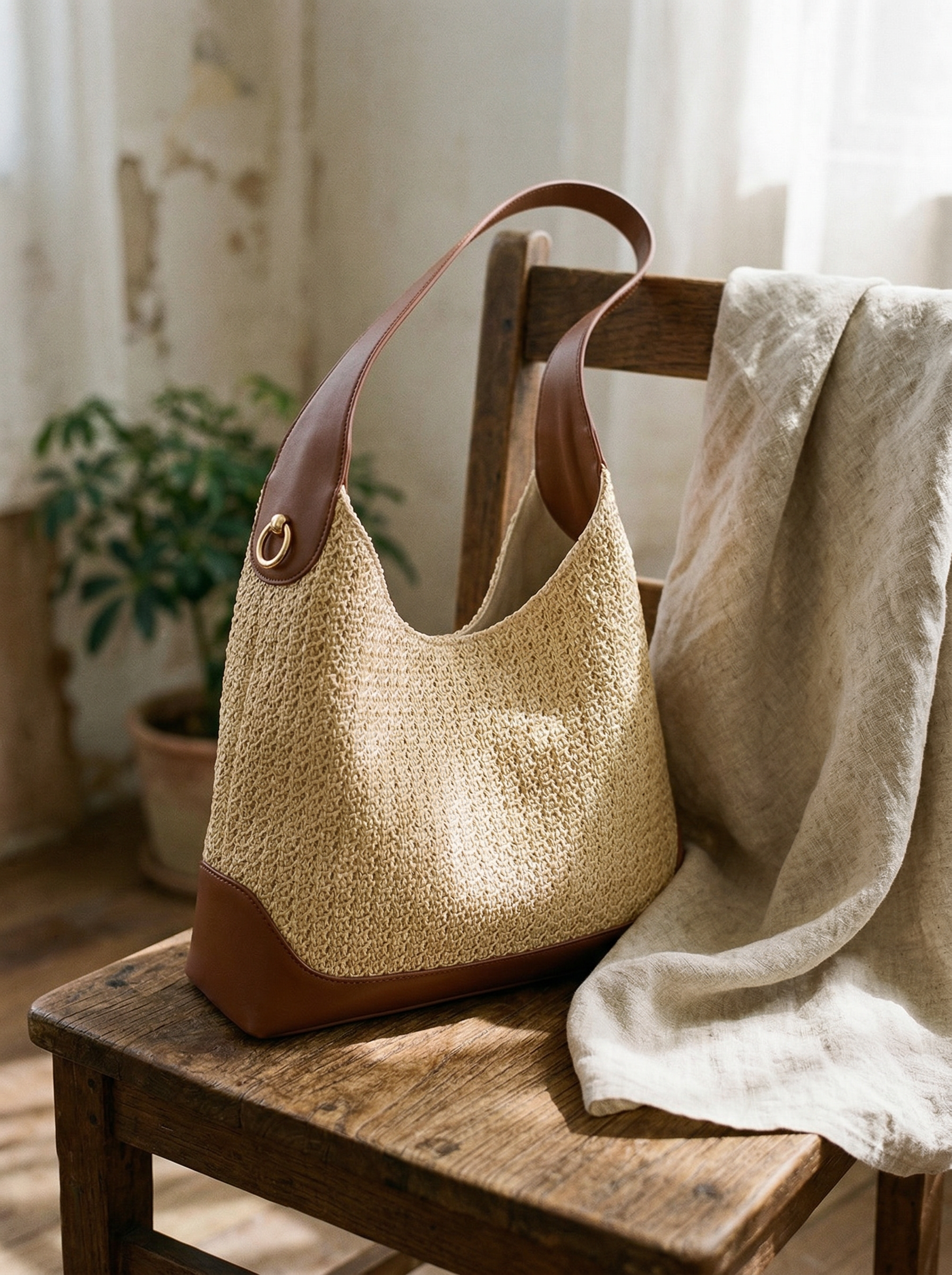Sac seau artisanal tissé main color block pour un style côtier sans effort