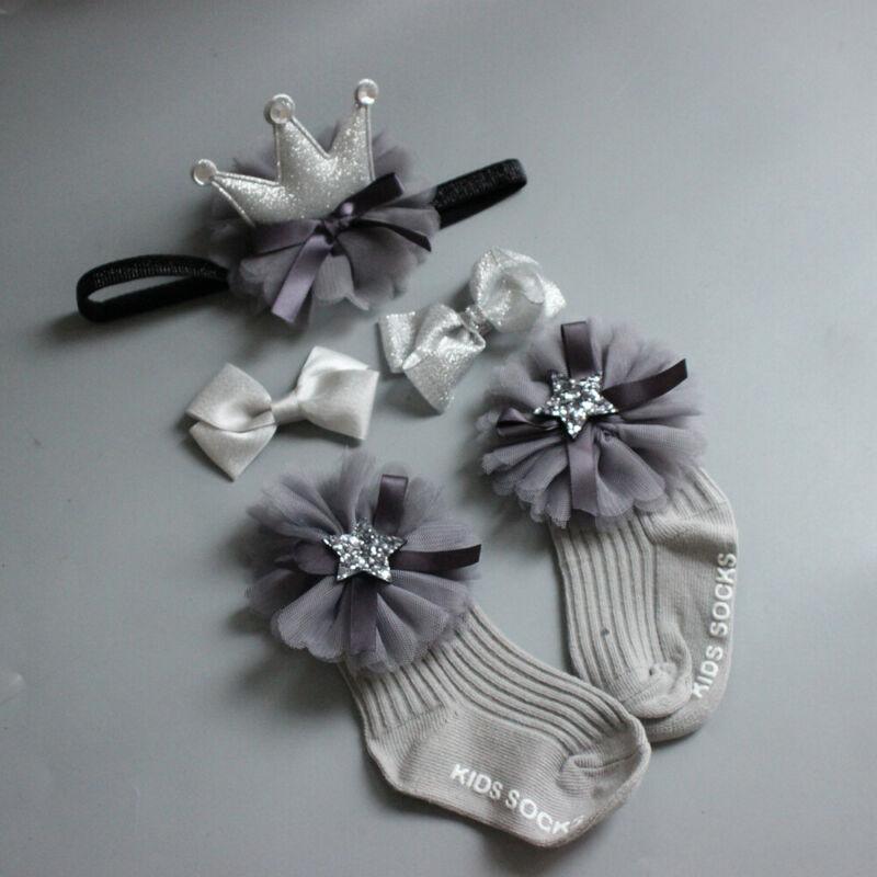 4 paires/lot de chaussettes antidérapantes pour bébé fille + bandeau + épingle à cheveux
