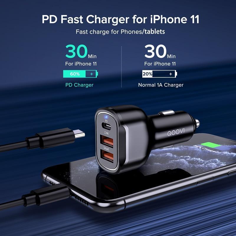 Chargeur de voiture universel 30 W PD 3 USB charge rapide QC3.0 Type C pour téléphones portables