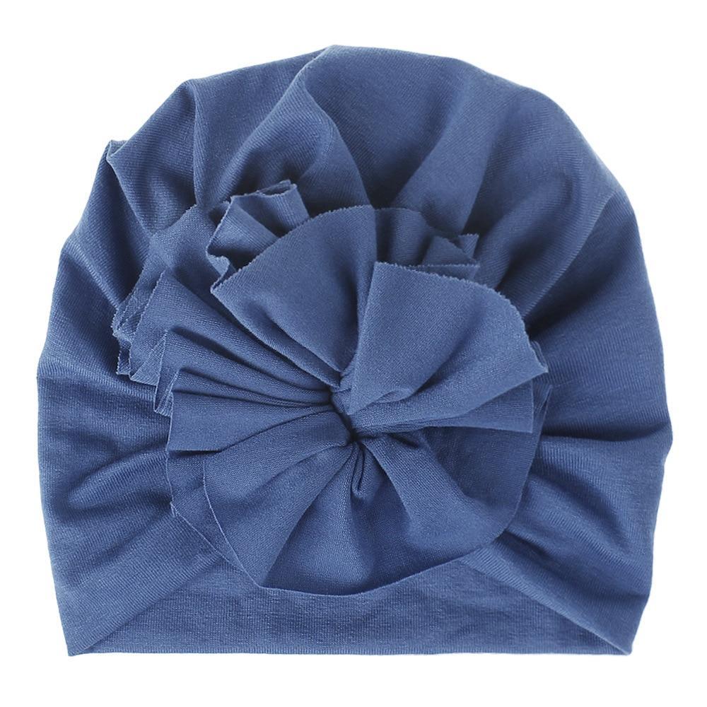 Turban pour bébé fille en coton tricoté, fait main avec fleur plissée, style élégant