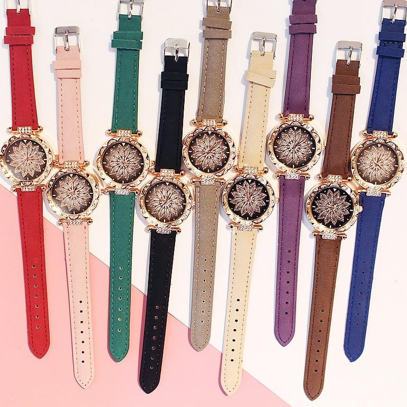 Ensemble de Montre Élégante et Populaire pour Femmes, Montre-Bracelet de Luxe Étoilée avec Bracelet en Cuir Décontracté à Quartz, Idéale pour Femmes et Filles