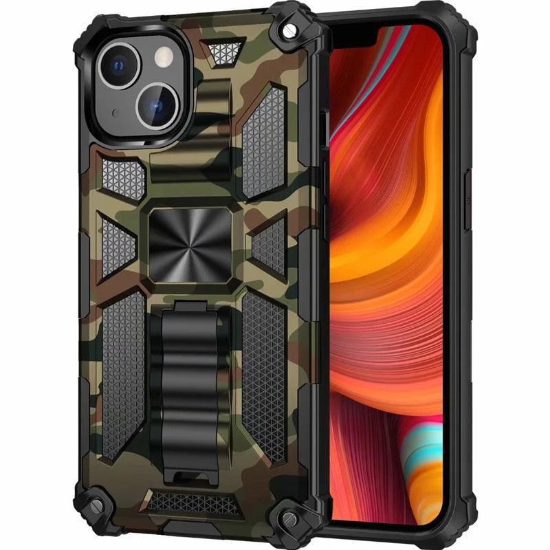 Coque magnétique antichoc durable vert armée compatible iPhone 14 pour iPhone 14 Pro Max 14 Plus 11 12 13 Pro Max XS Housse de protection de téléphone robuste Armure Camouflage