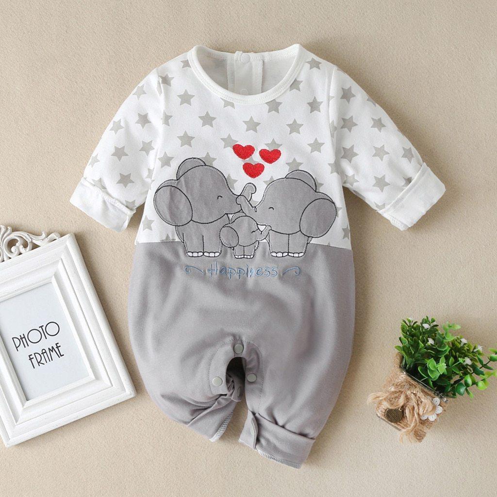 Barboteuse à manches longues imprimé étoile de dessin animé, combinaison motif éléphant, vêtements chauds pour bébés filles et garçons