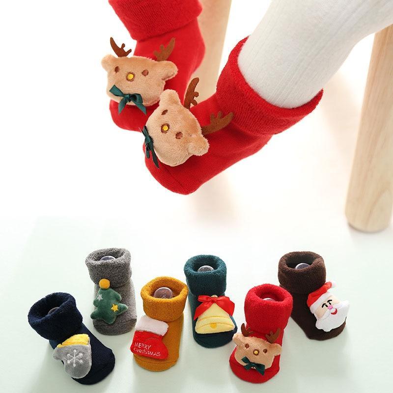 Chaussettes de Noël modernes de luxe pour enfants avec poupée, bébé, chaud, élan, antidérapantes, nouveau-né, pour nourrissons et tout-petits.