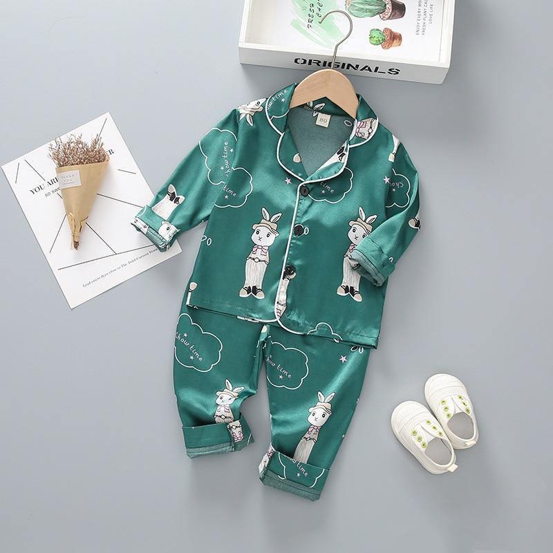 Pyjama pour enfants de luxe moderne, ensemble bébé, garçons et filles, en satin de soie glacée, haut et pantalon imprimés cartoon, tenue d'intérieur pour enfants