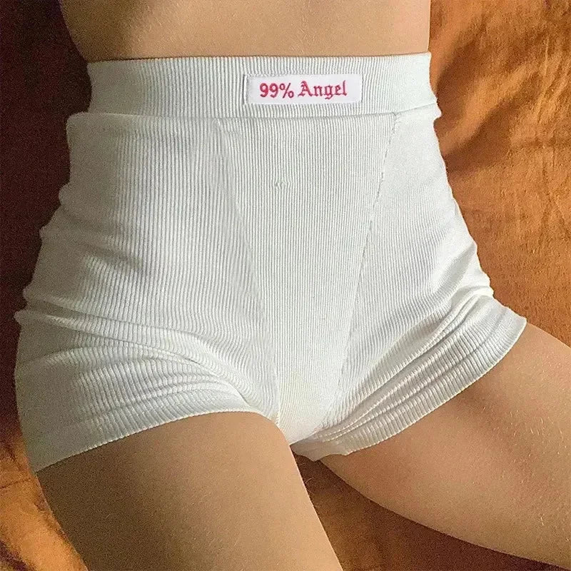 Shorts motard en maille côtelée noire à taille haute et broderie lettre blanche pour femme