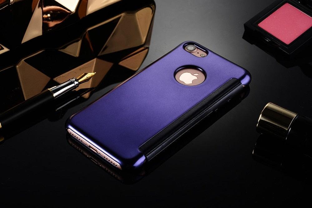 Étui à rabat de luxe pour iPhone, coque pour iPhone 11 12 13 14 avec fenêtres transparentes, miroir, fermeture magnétique simple, étui portefeuille unique et élégant pour iPhone